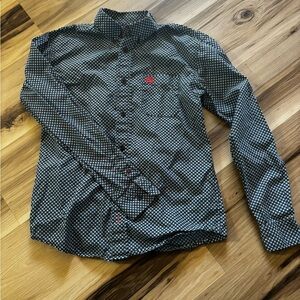 Cinch Black Button-Down Shirt with White Dot Pattern and Red Logo